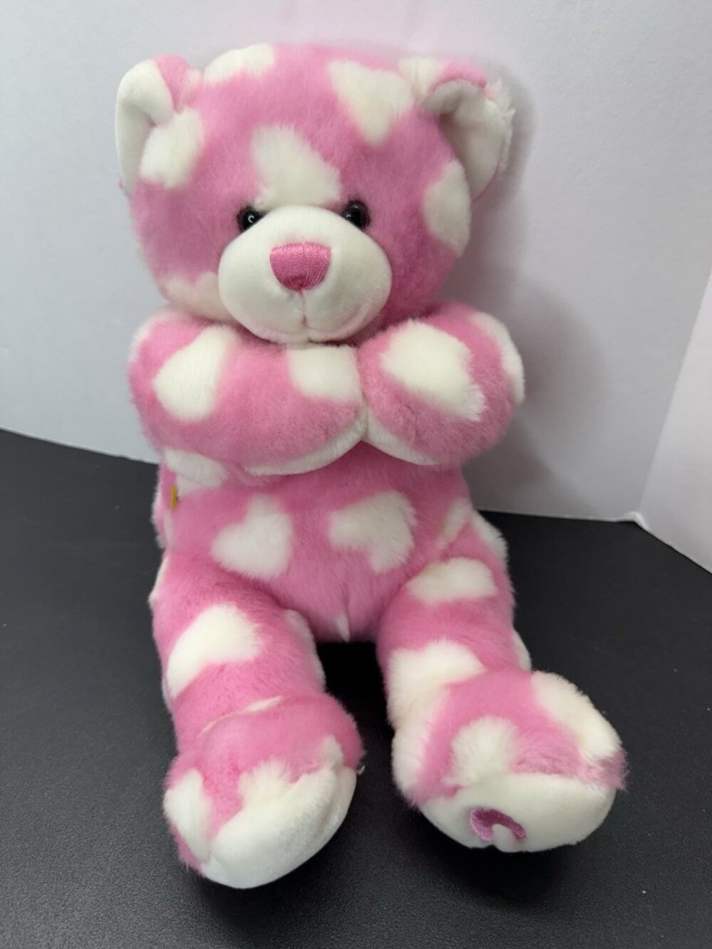 Build A Bear Pink White Hearts Teddy 16” Magnetic Paws Plush BAB Stuffed Animal